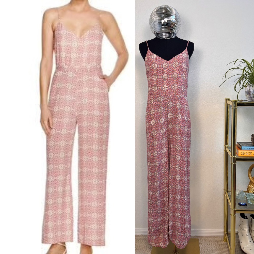Sanctuary Mosaic Print Jumpsuit | Large, Pink Orange Boho 70s tile print‎ Hippie